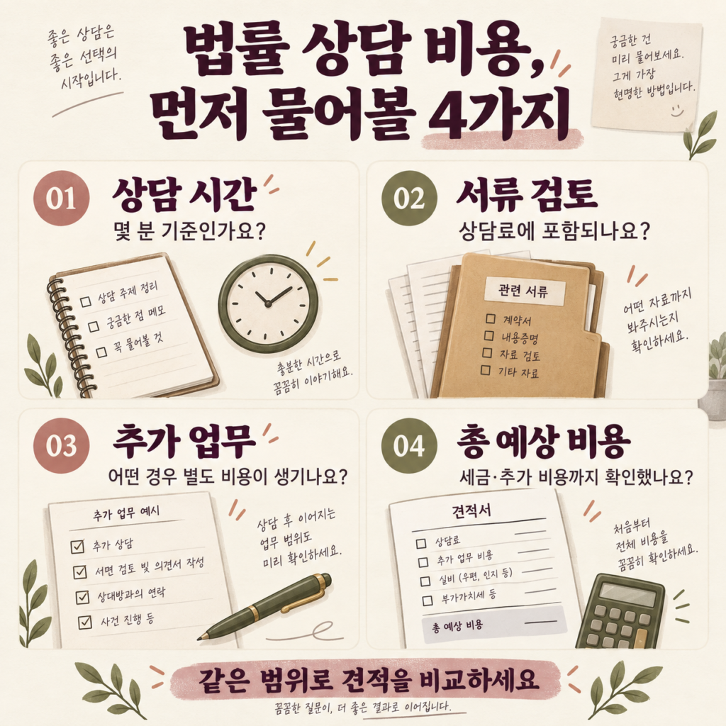 법률 상담 시간, 서류 검토 포함 여부, 추가 업무와 총 예상 비용을 비교하는 네 가지 질문