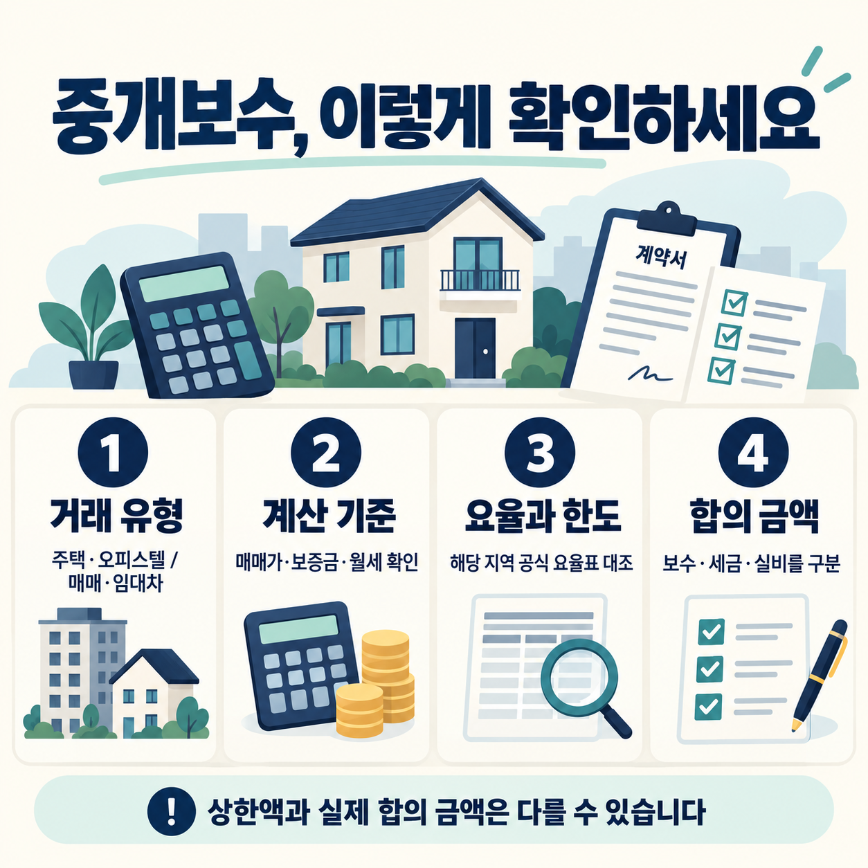 중개보수 확인 순서: 거래 유형, 계산 기준, 요율과 한도, 합의 금액
