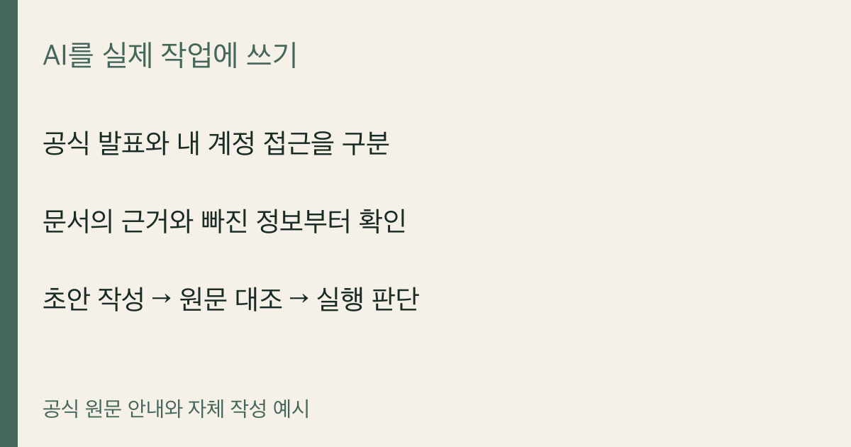 공식 발표와 내 계정 접근을 구분 · 문서의 근거와 빠진 정보부터 확인 · 초안 작성 → 원문 대조 → 실행 판단