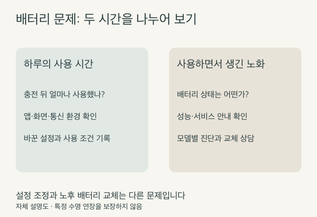 하루의 배터리 사용 시간과 배터리 노화를 구분하는 자체 설명도
