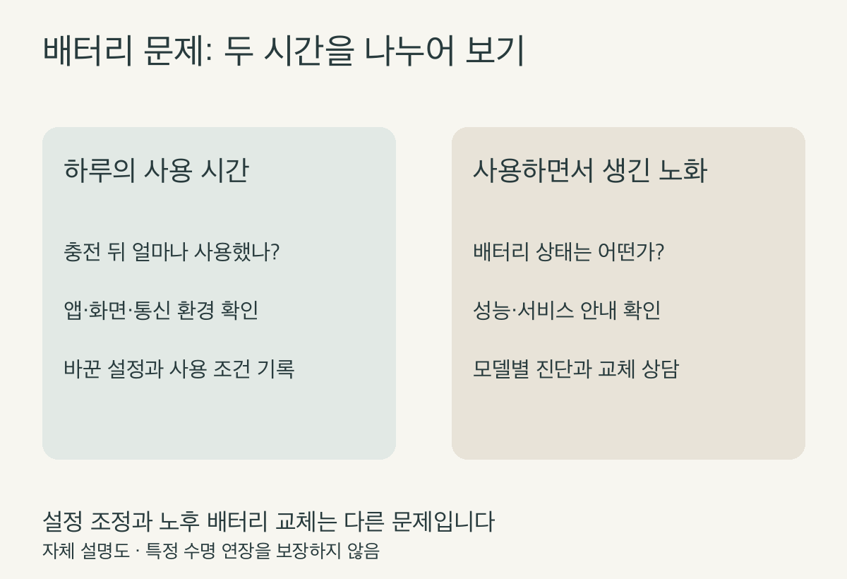 하루의 배터리 사용 시간과 배터리 노화를 구분하는 자체 설명도