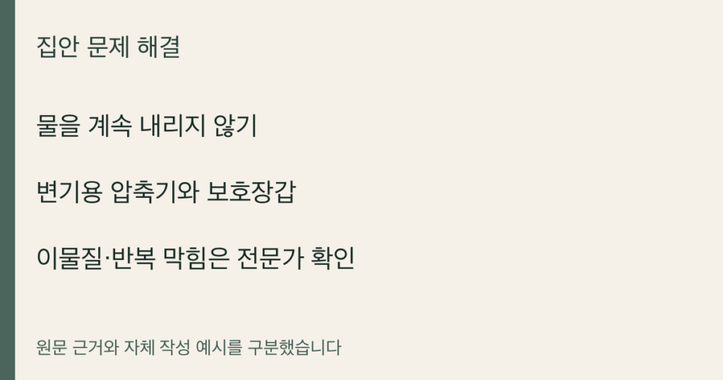 물을 계속 내리지 않기 · 변기용 압축기와 보호장갑 · 이물질·반복 막힘은 전문가 확인