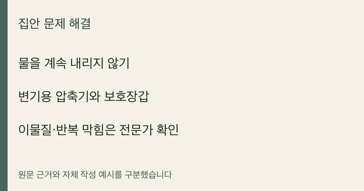 물을 계속 내리지 않기 · 변기용 압축기와 보호장갑 · 이물질·반복 막힘은 전문가 확인