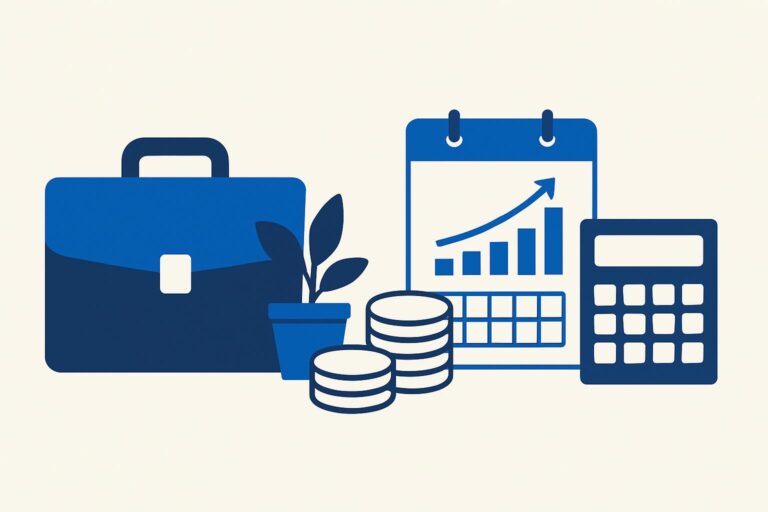 서류가방과 동전, 달력, 계산기가 놓인 퇴직금 계산기 대표 일러스트