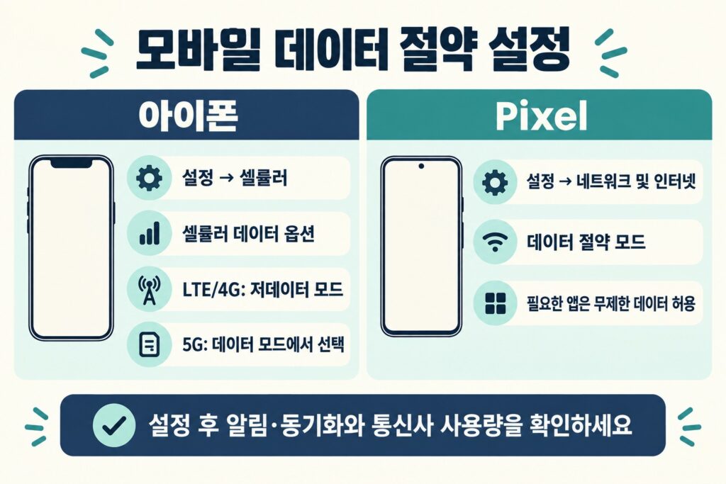 아이폰 LTE·5G 저데이터 모드와 Pixel 데이터 절약 모드 설정 경로 비교