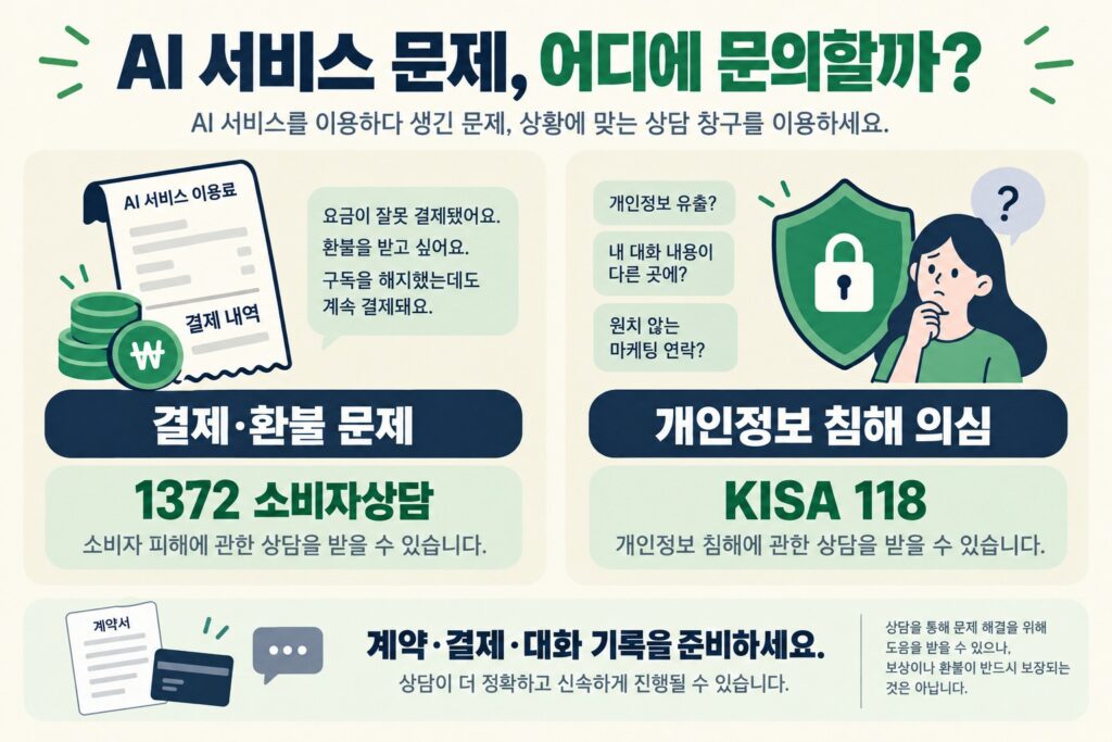 AI 서비스 결제·환불 문제의 1372 소비자상담과 개인정보침해의 KISA 118 문의 경로