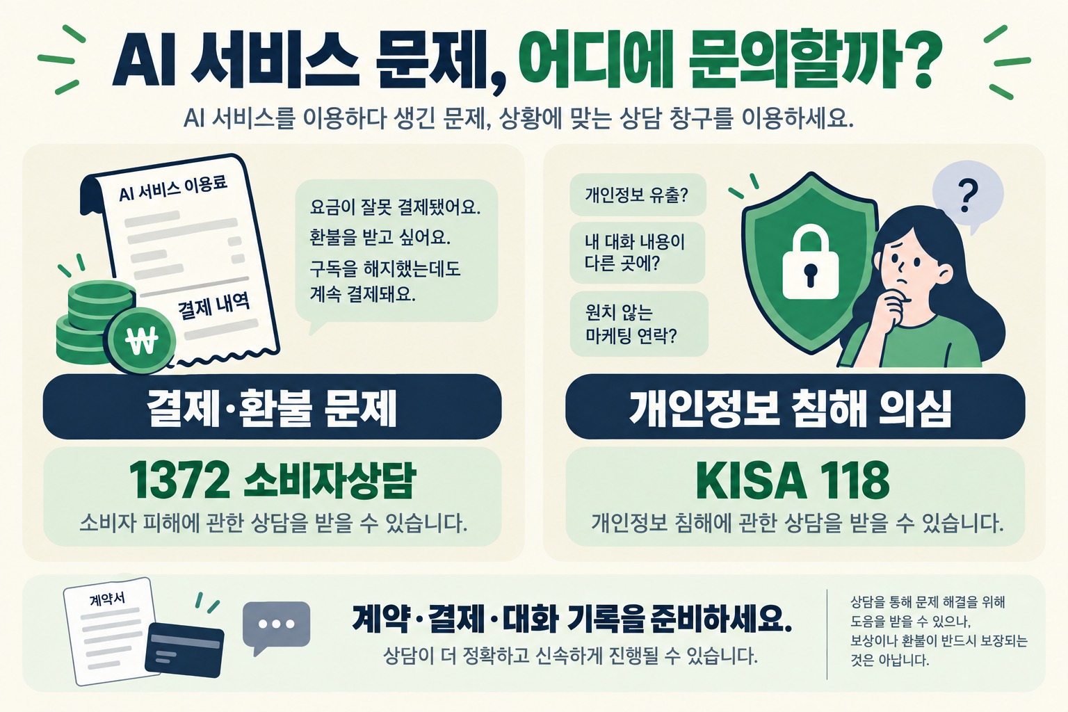 AI 서비스 결제·환불 문제의 1372 소비자상담과 개인정보침해의 KISA 118 문의 경로