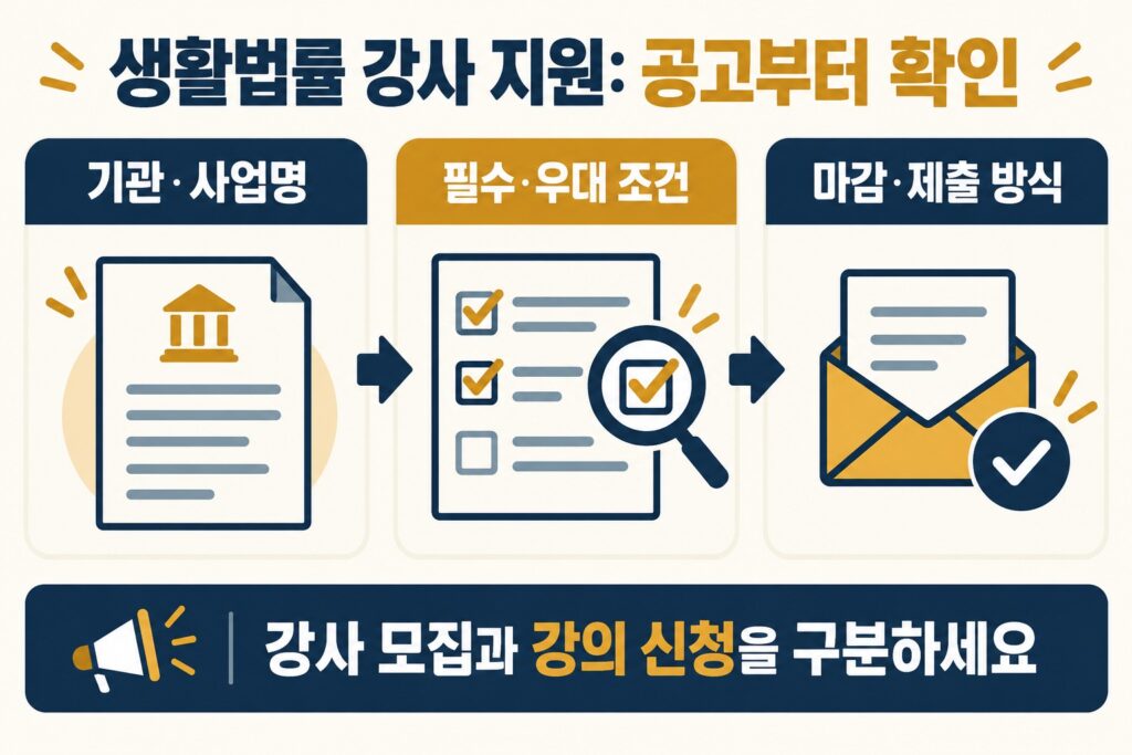 생활법률 강사 지원: 기관·사업명, 필수·우대 조건, 마감·제출 방식