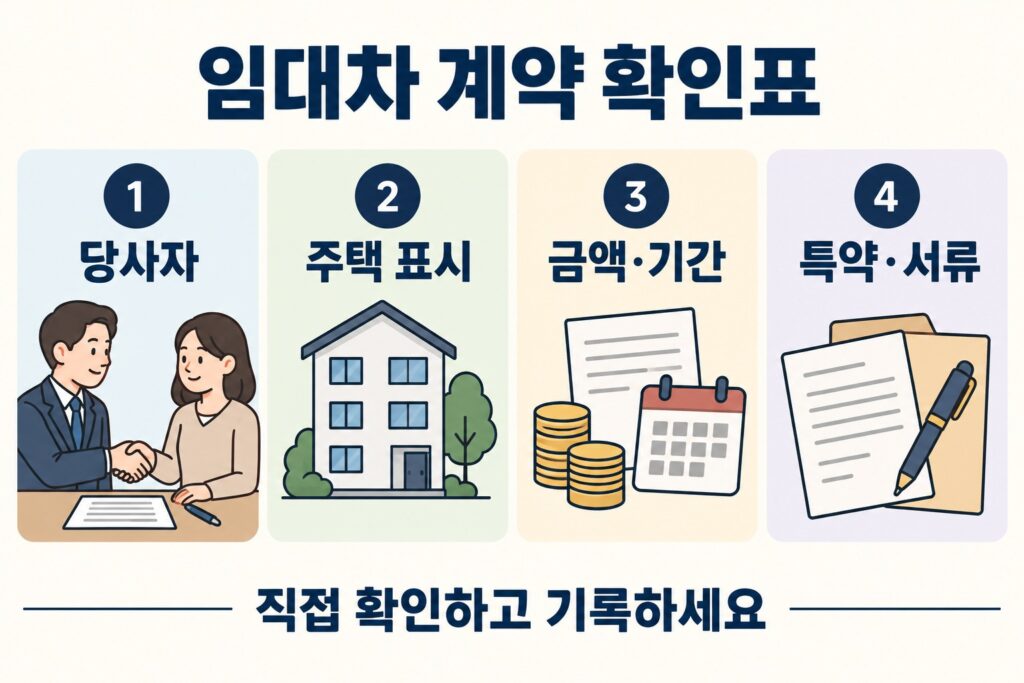 임대차 계약 확인: 당사자·주택 표시·금액과 기간·특약과 서류