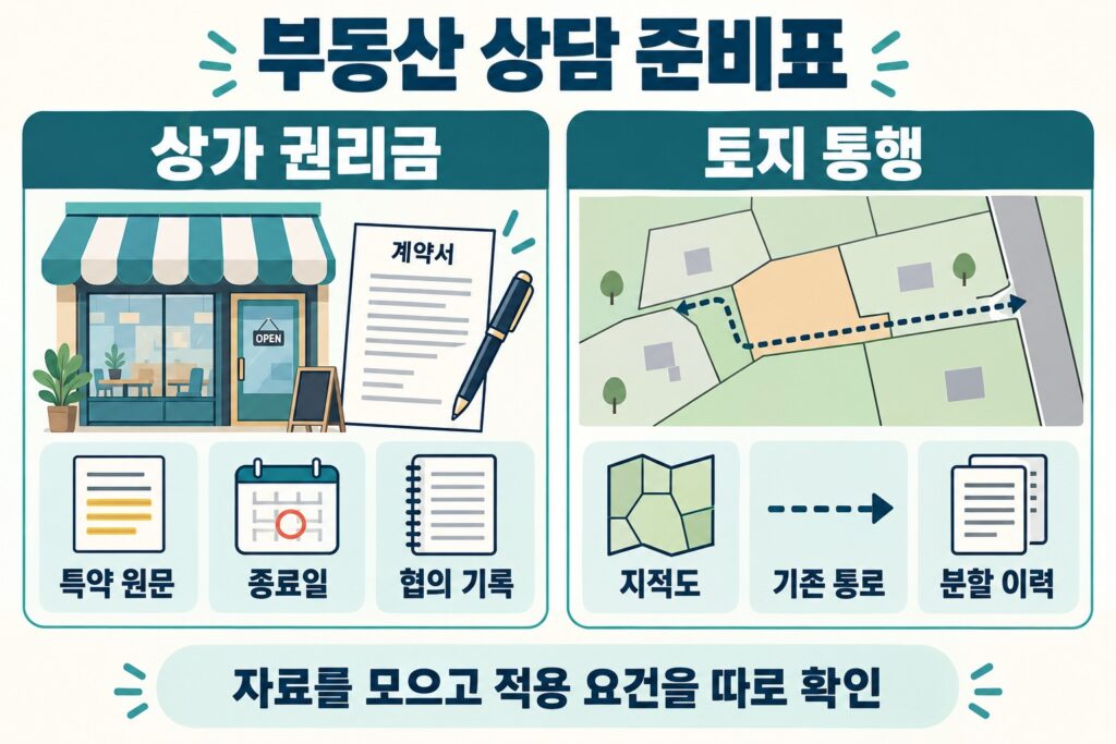 부동산 상담 준비표: 상가 특약·종료일·협의 기록과 토지 지적도·통로·분할 이력