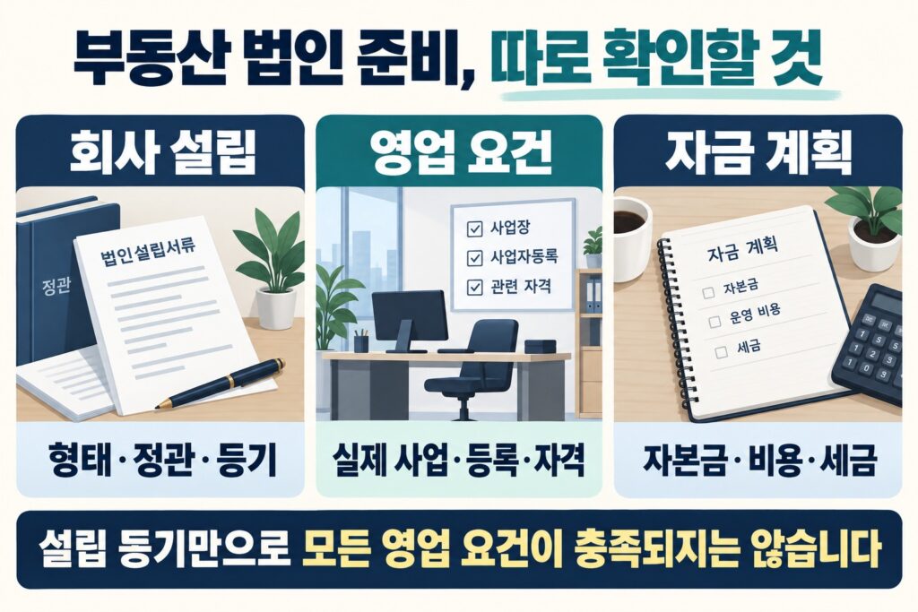 부동산 법인 준비: 회사 설립·영업 요건·자금 계획을 별도로 확인