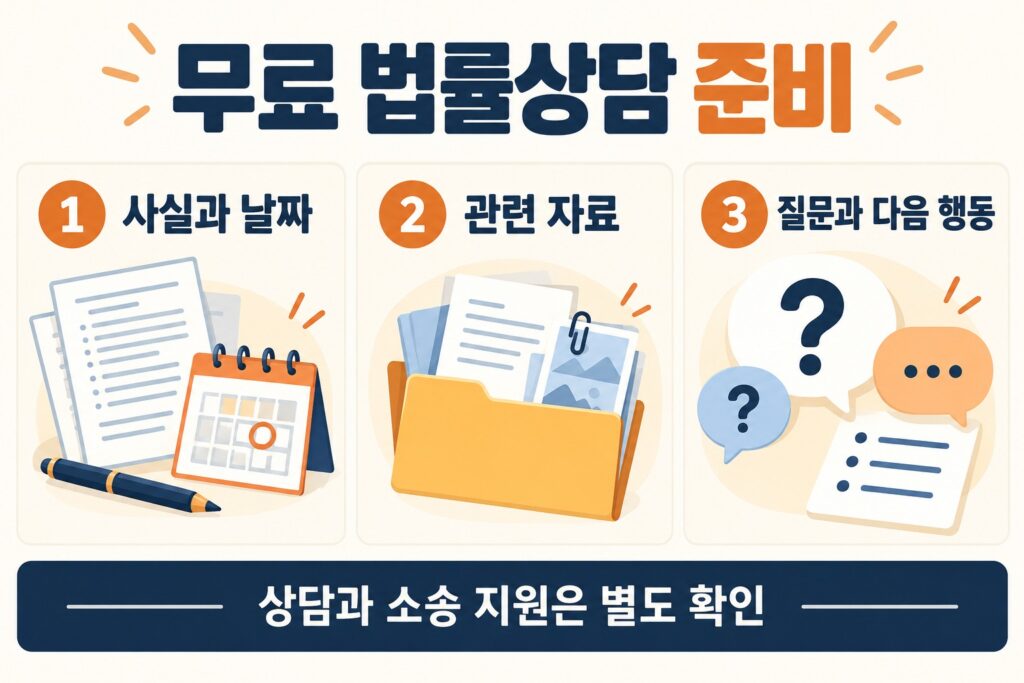 무료 법률상담 준비: 사실과 날짜, 관련 자료, 질문과 다음 행동; 상담과 소송 지원 별도 확인