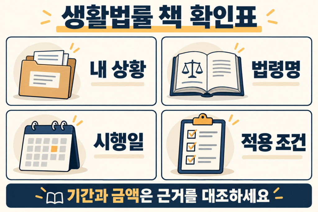 생활법률 책 확인표: 내 상황, 법령명, 시행일, 적용 조건. 기간과 금액은 근거를 대조하세요.