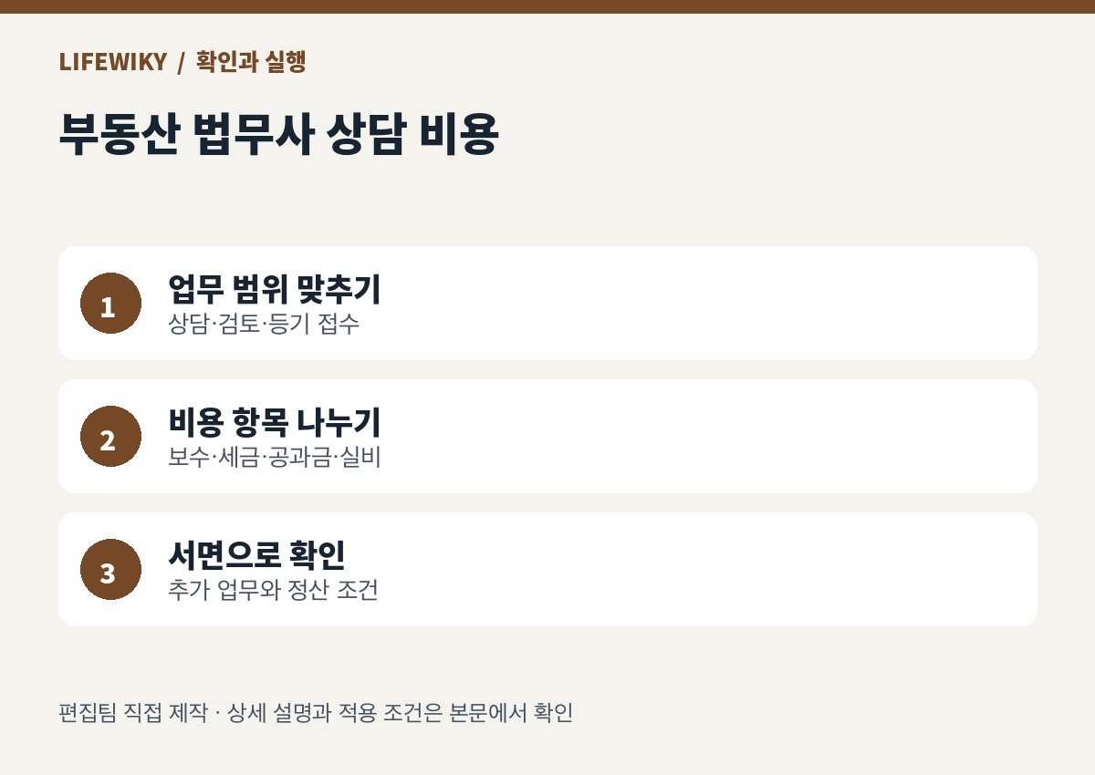 업무 범위 맞추기:상담·검토·등기 접수 → 비용 항목 나누기:보수·세금·공과금·실비 → 서면으로 확인:추가 업무와 정산 조건